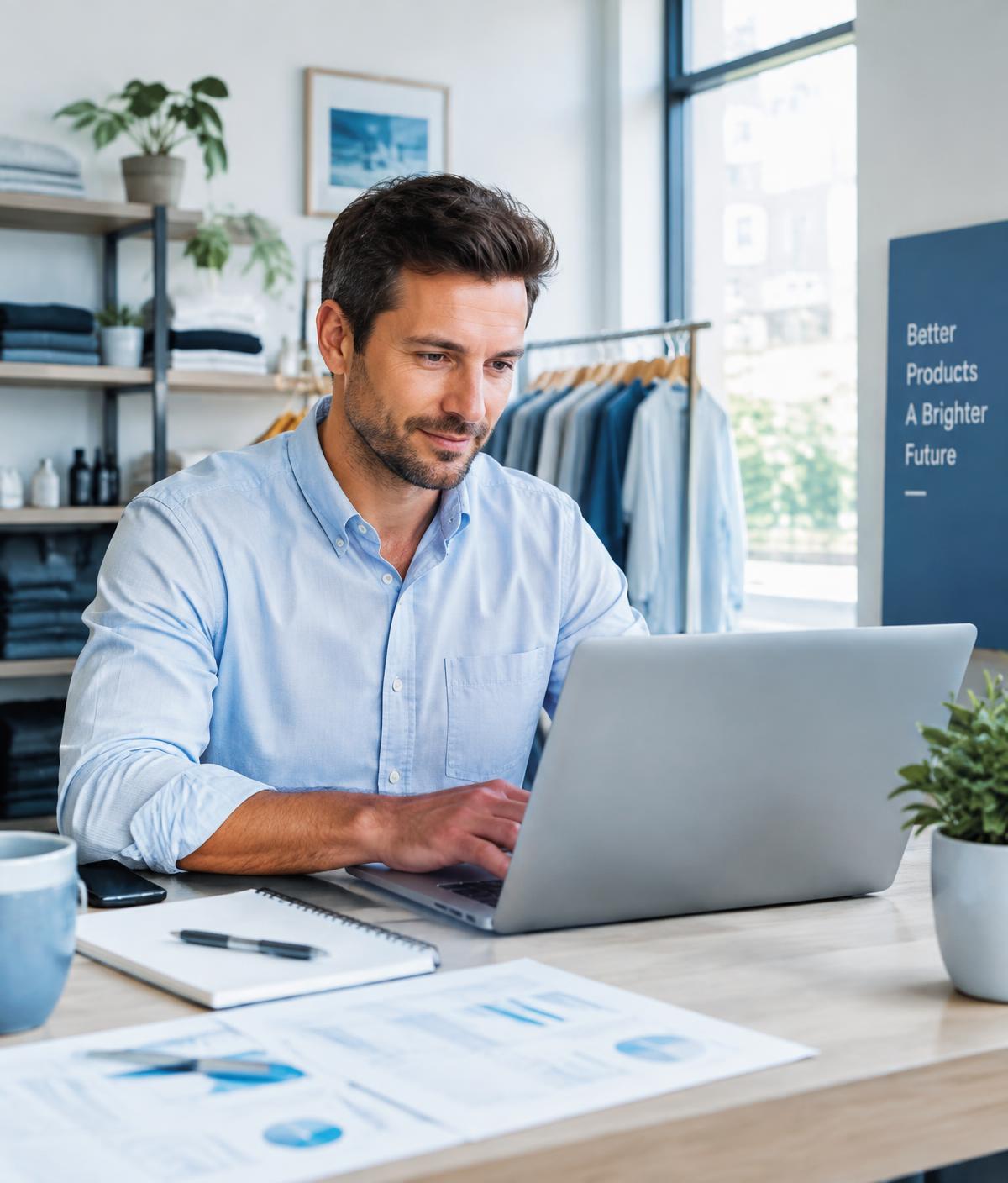 Business owner reviewing figures on a laptop in his shop