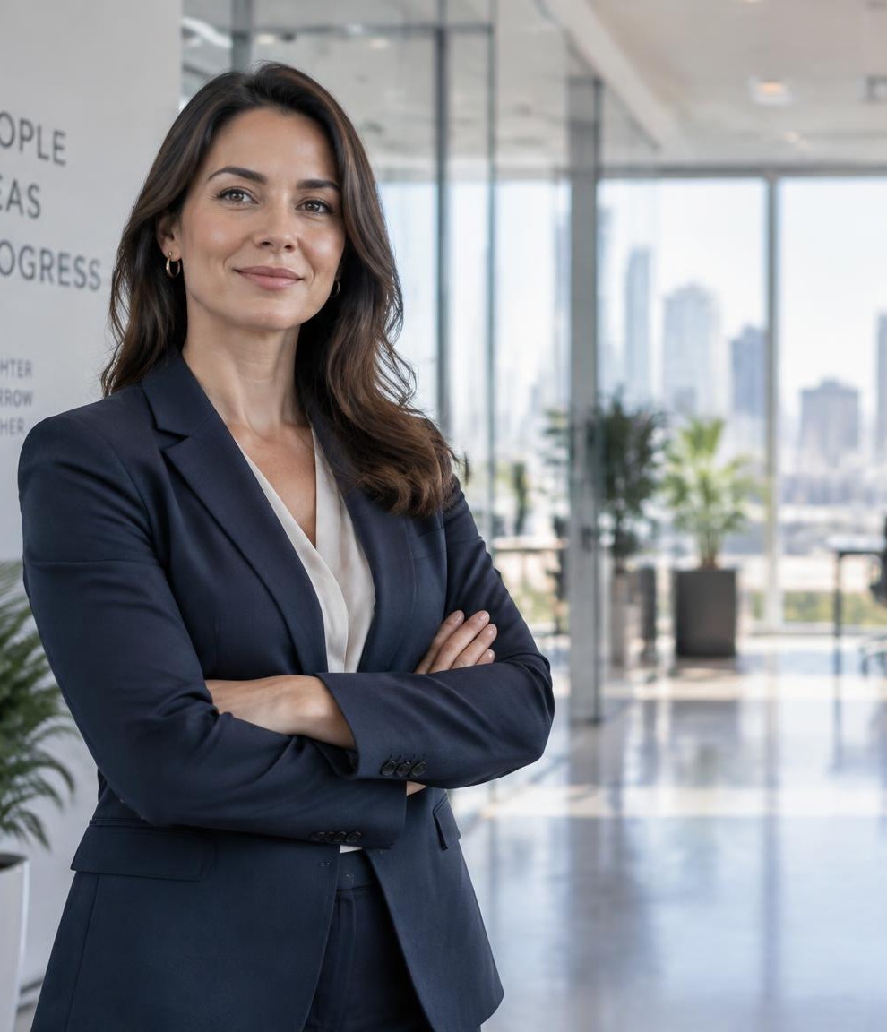 Confident businesswoman standing in a bright modern glass office